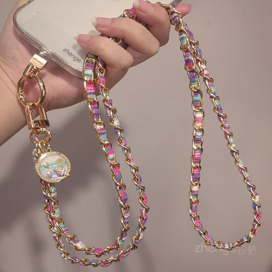 Metal Chain Phone Crossbody Strap Painted Fabric Long Lanyard Fashionable Disc Button Shoulder Phone Strap – Hands-Free for Women Daily Shopping Travel Outdoor Gift