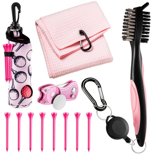 Golf Accessories Gift Set in Pink, 12 Pieces with Tees, Towel and Divot Tool