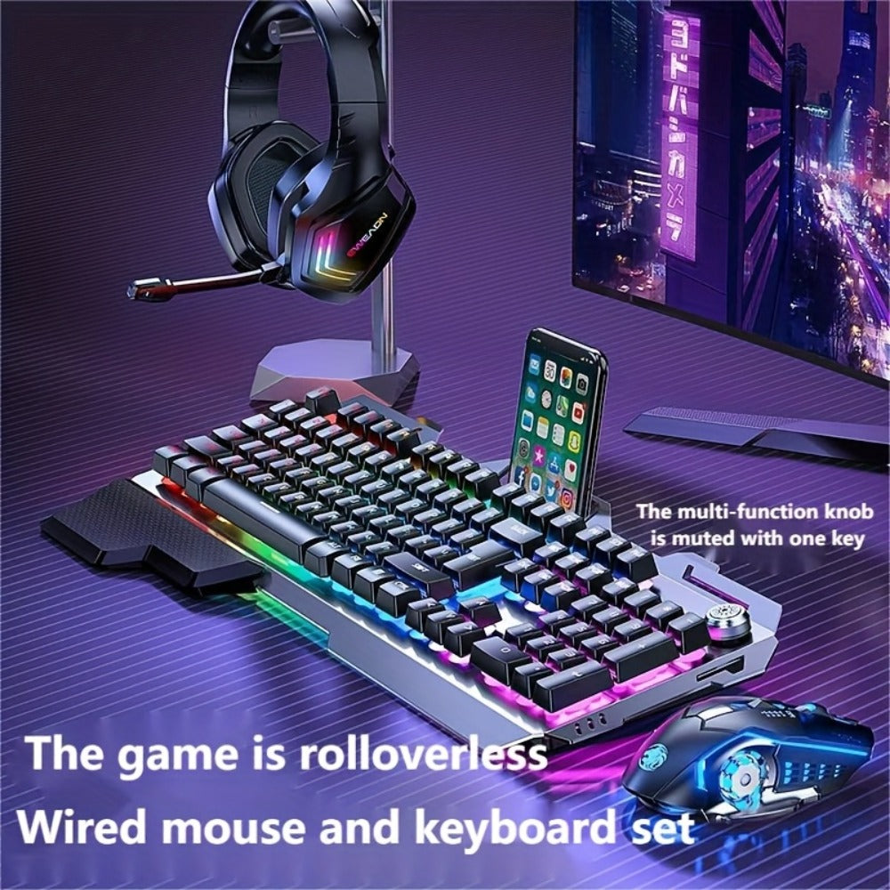 Gaming Keyboard Wired 104 Keys Full Metal Panel – LED Color Backlight, Multimedia Knob, Faux Mechanical Feel, USB, Ergonomic Design with Phone Holder | Keyboard or Keyboard & Mouse Combo