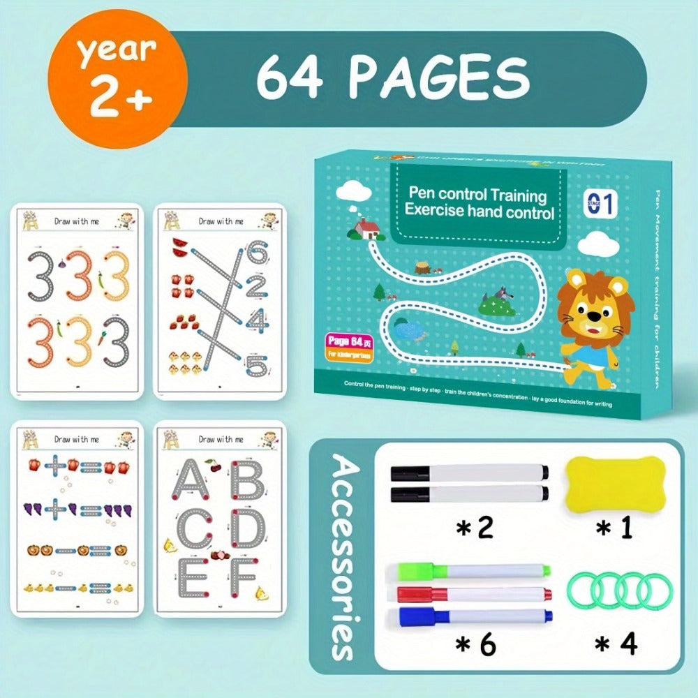 Magic Practice Handwriting & Drawing Book Set for Kids Ages 3-8 – 64 Pages Reusable Wipe Clean Workbook with 8 Erasable Pens & Refills, Pen Control Letter Tracing Activity Gift for Boys Girls Preschool