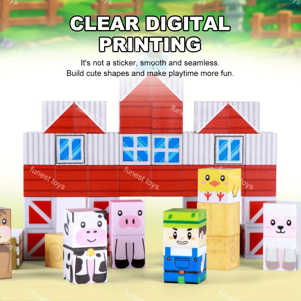 54-Piece Farm Animal Magnetic Block Set with Farmer Theme Play