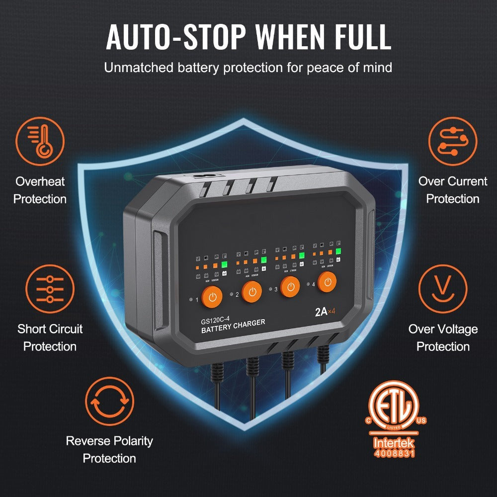 Smart Battery Charger 8A VEVOR Intelligent Charger & Maintainer for LiFePO4, AGM, Gel, SLA & Lead-Acid Batteries – 6V/12V Auto Charger for Car, Boat, Motorcycle, Lawn Mower & Golf Cart, 4-Bank Charging