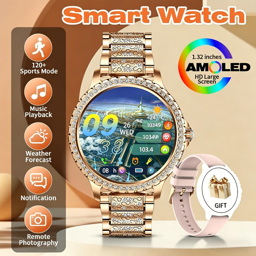 Elegant Smartwatch for Women Exclusive Watch Dials – 1.32" HD Screen Wireless Calling Fitness Tracker 20 Sports Modes Compatible with iPhone Android Gold Silver Black Gift for Her