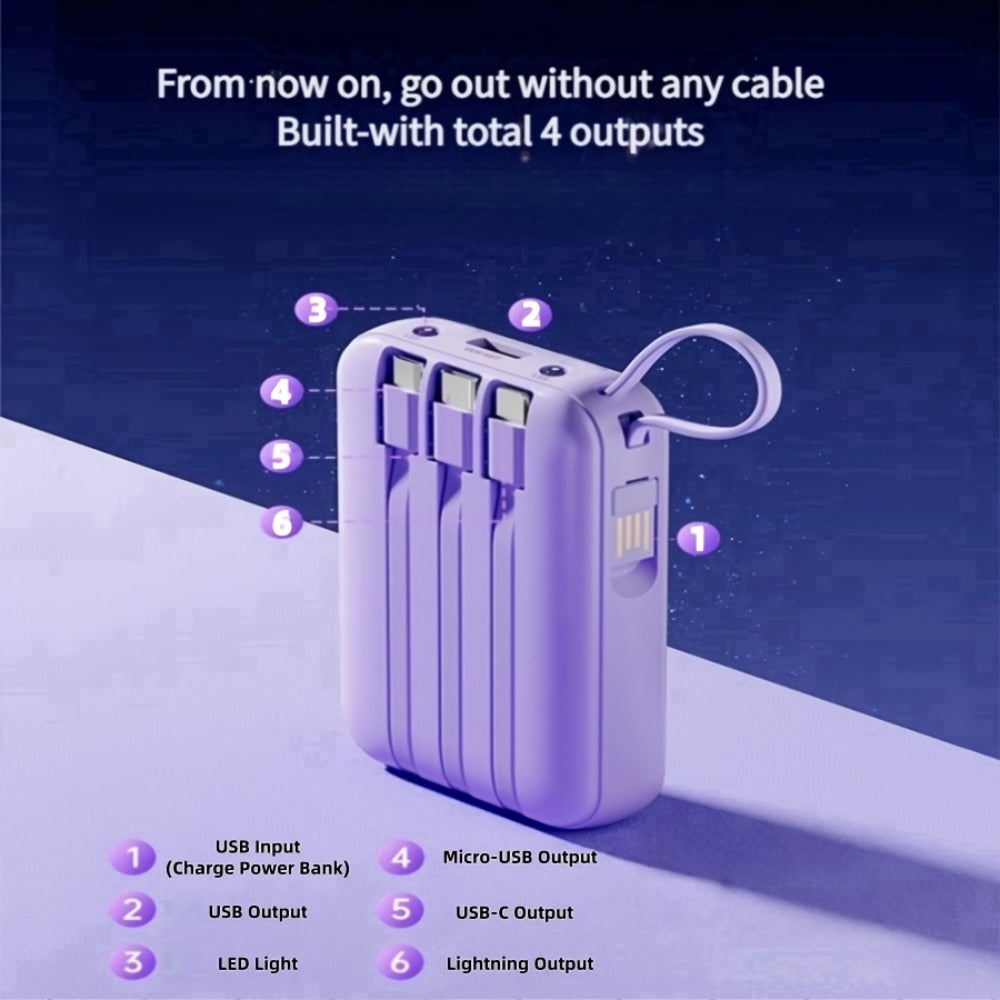 10000mAh Mini Power Bank with Built-in 4 Cables – 22.5W Super Fast Charging, LED Display, Cute Portable Charger for iPhone, Android, Samsung & Travel, Ultra-Compact Battery Pack with LED Light