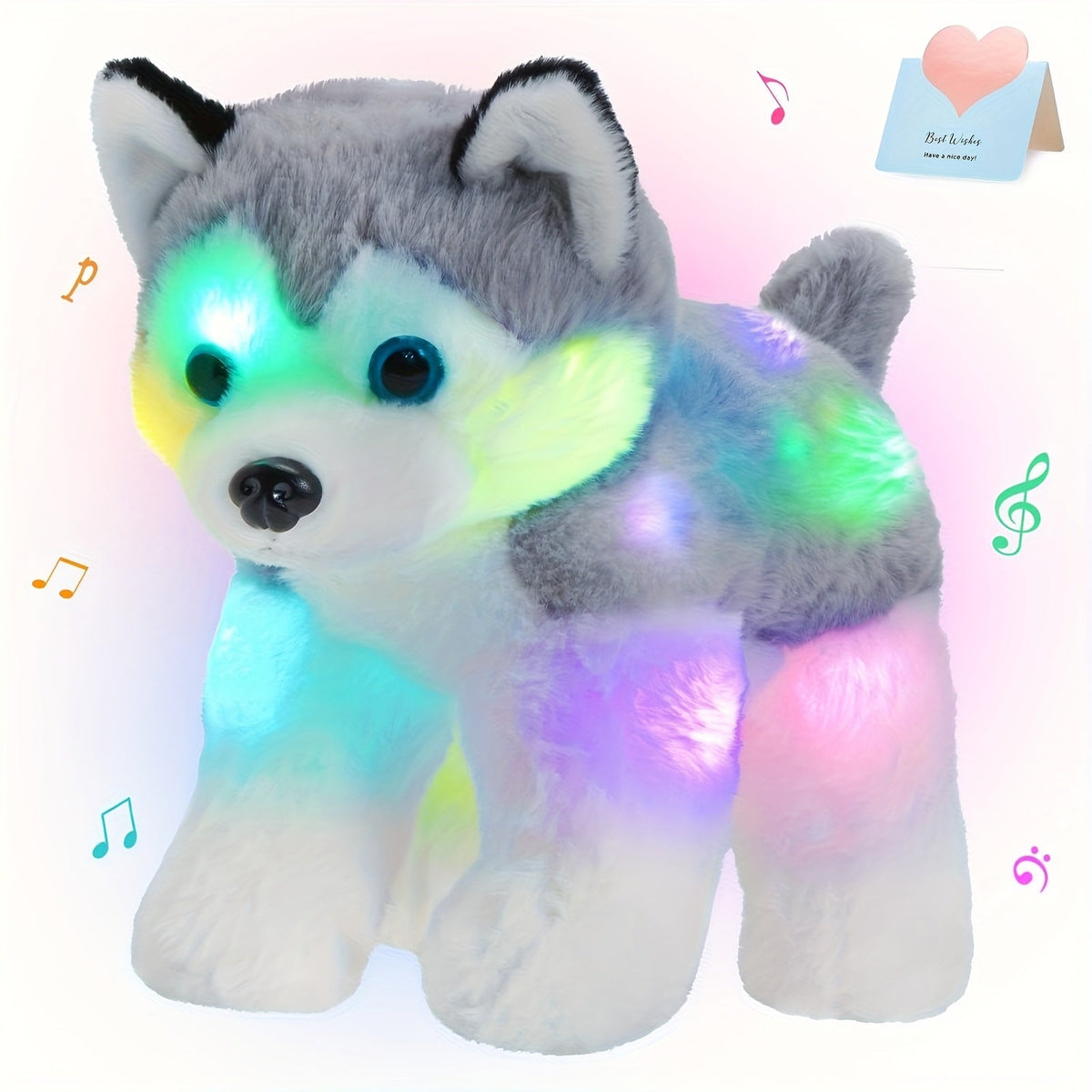 Musical Light-Up Husky Plush Toy, 12 Inch Glowing Puppy Stuffed Animal with Lullaby Music