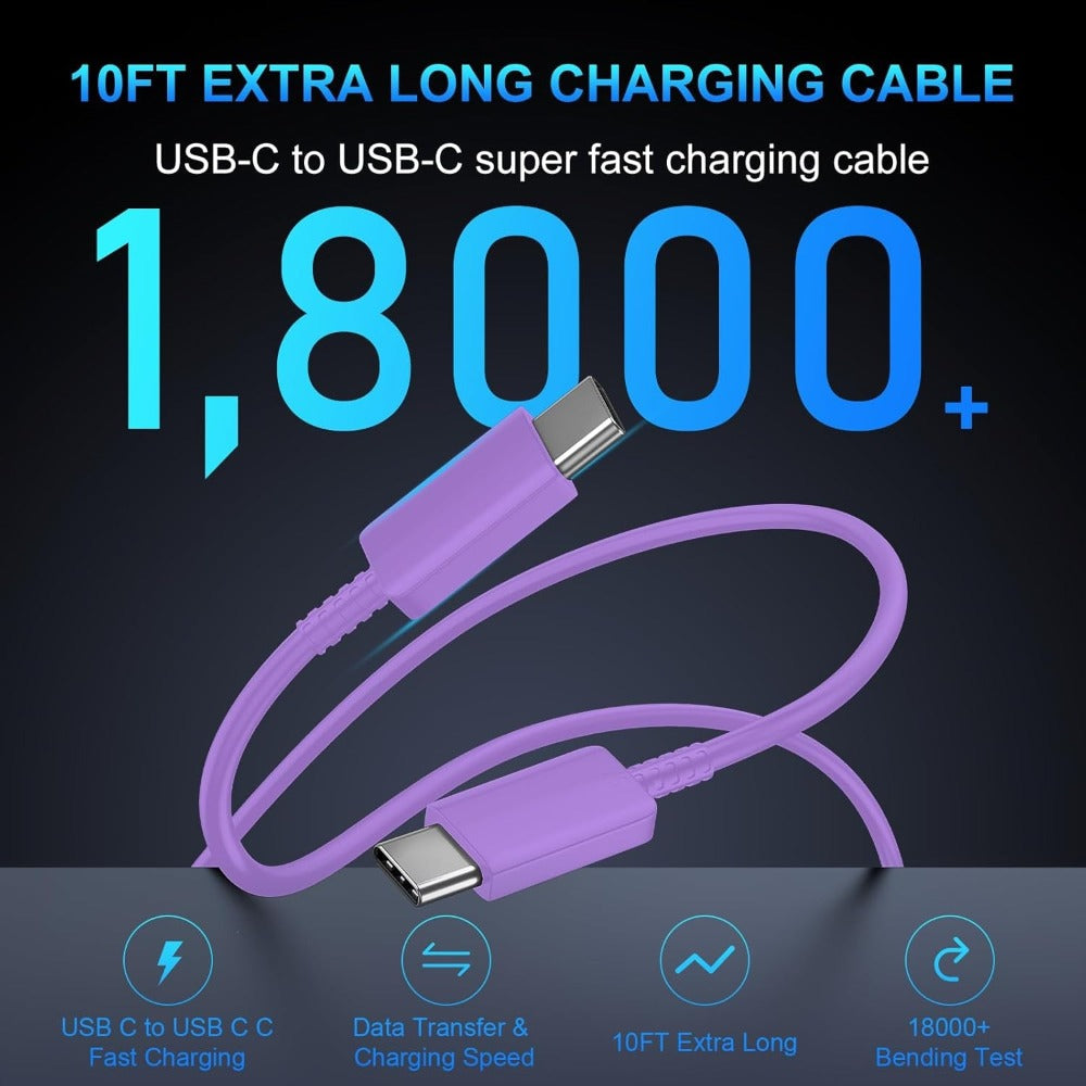 45W Samsung Super Fast Charger USB-C Dual Port Android Fast Charging Block with 10FT Long USB-C Cable for Samsung Galaxy S25 Ultra S25+ S24 Ultra S24 S23 A55 A35 – Purple