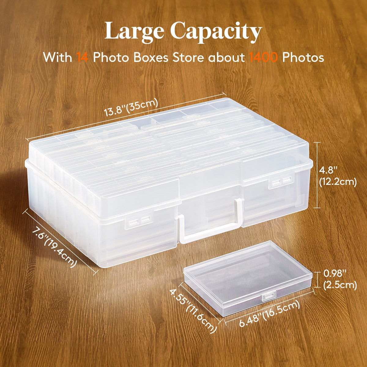 4x6 Photo Storage Box with 14 Inner Photo Keeper Cases Holds 1400 Photos Clear Plastic Photo Organizer with Lids Label Stickers BPA-Free for Cards Pictures Stamps Craft Office Supplies