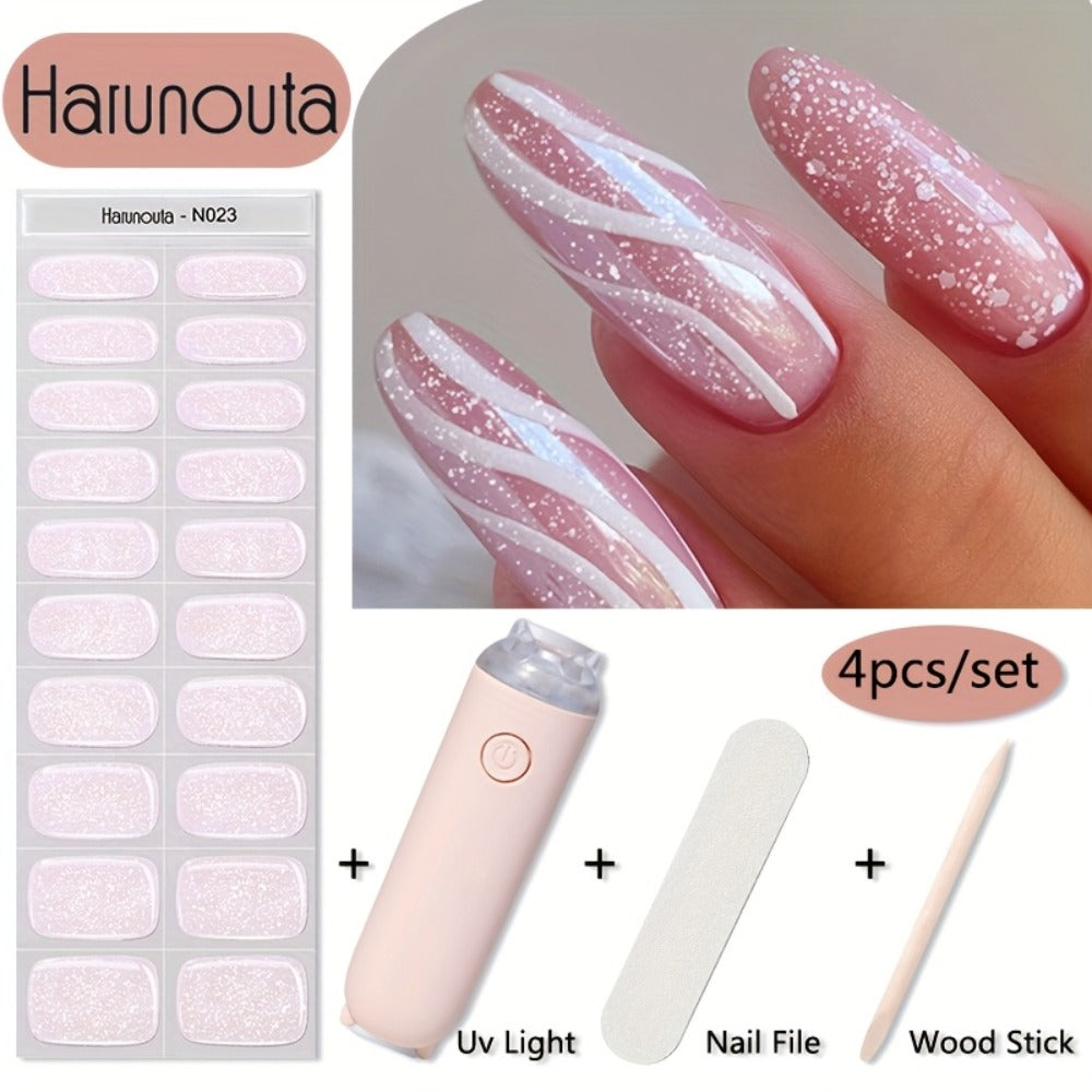 Semi Cured Gel Nail Strips Kit with Handheld LED Nail Lamp — 20 Real Gel Nail Stickers Wraps for DIY Nail Art Manicure at Home, Glitter & Flower Designs, Easy Apply Long-Lasting Chip-Resistant Gel Finish