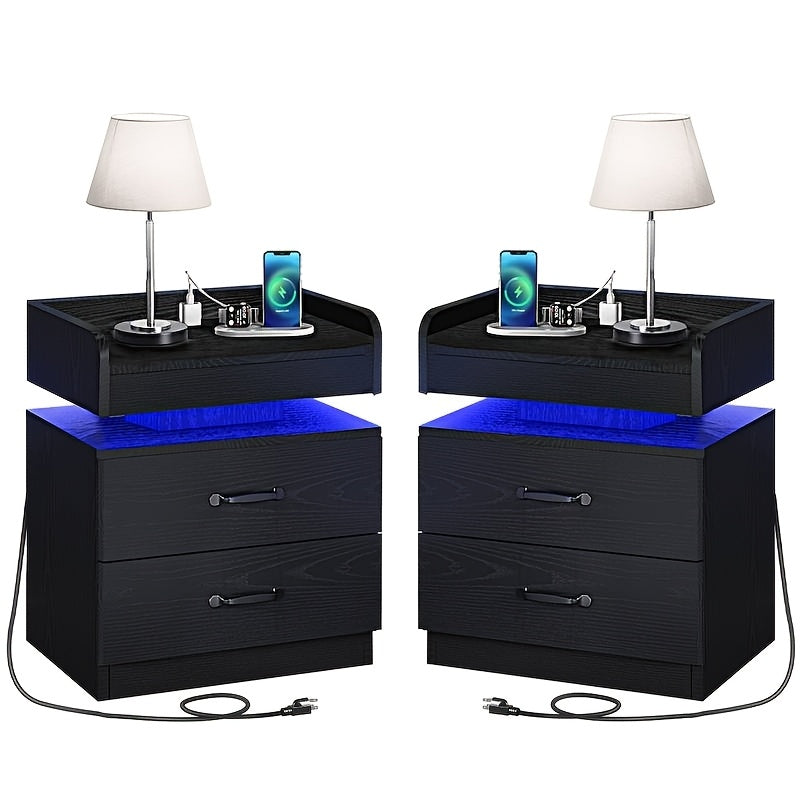 Wooden Nightstand with LED Ambient Light & Charging Station – Fabric Drawer, Blue Glow, Modern Bedside Table for Bedroom Living Room End Table, Black or White (Single or 2-Pack)