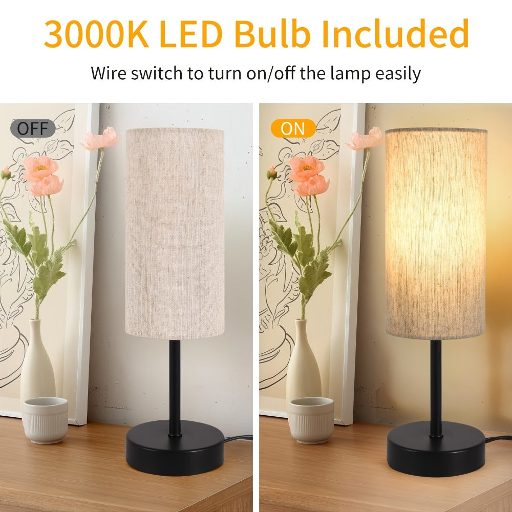 Small Bedside Table Lamp Set of 2 – Linen Shade Nightstand Lamp with Cord Switch, 5W LED Bulb Included, Compact Desk Light for Bedroom Living Room Children's Room Office Dorm (Black / Beige Black)