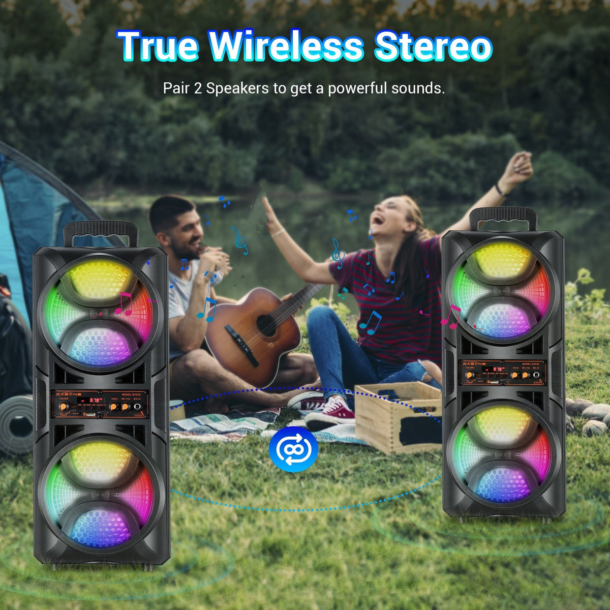 Portable PA Speaker with Dual Woofer & Disco LED Lights - Bluetooth Subwoofer, FM Radio, AUX USB Mic Guitar Input, Wired Microphone & Remote Control, 1800mAh Battery, Indoor Outdoor Party