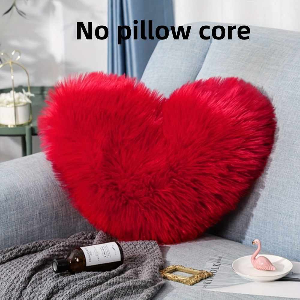 Heart Shaped Plush Pillow Cover Faux Wool Fluffy Cushion Cover for Sofa Bed Chair Car - Valentine's Day Decor Throw Pillowcase 17" Soft Decorative Pillow Case, Red & Pink, Insert Not Included