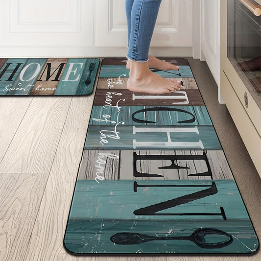 Kitchen Mat Set with Green-Brown Wood Plank Pattern, 2 Diatomaceous Earth Mats