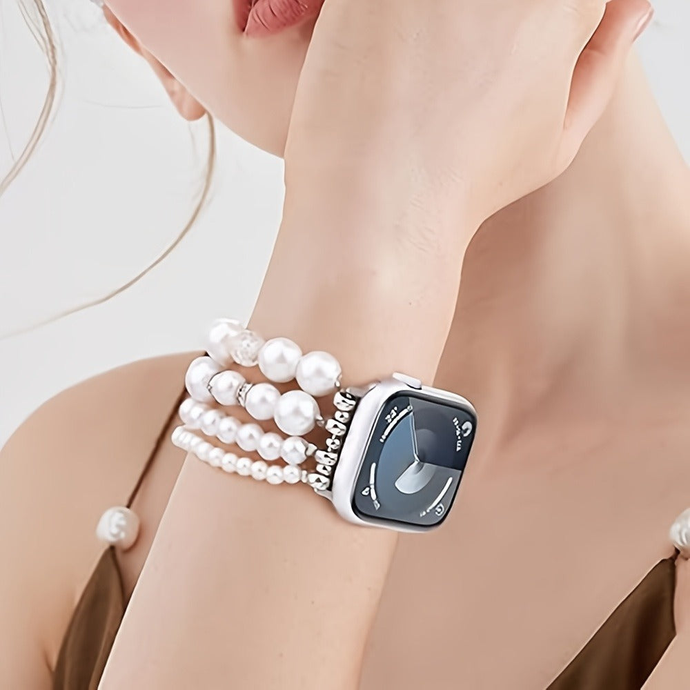 Pearl Watch Band for Apple Watch Series 11 10 9 8 7 6 5 4 3 2 1 SE Bling Jewelry Bracelet Strap Stainless Steel Buckle Elegant Women 38mm 40mm 41mm 42mm 44mm 45mm 46mm 49mm Pearl White Sakura Pink Akoya Champagne Gold