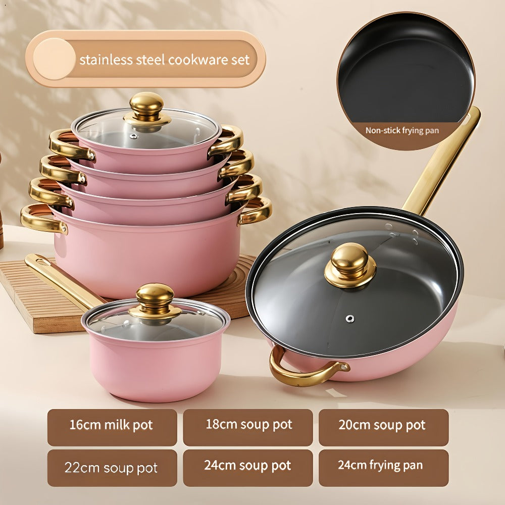 Stainless Steel Non-Stick Cookware Set 1 11 & 13 Piece – Non-Toxic Dishwasher & Oven Safe Kitchen Cooking Set | Frying Boiling Stir-Fry Pots and Pans | Golden Silver Pink Orange Home & Catering