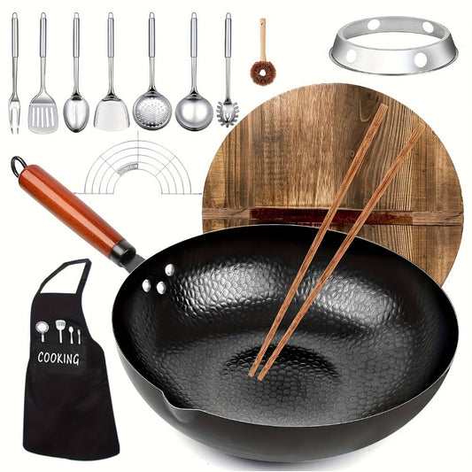 Cast Iron Wok Set with Lid and Utensils, 12.6-Inch Flat-Bottom Honeycomb Pan