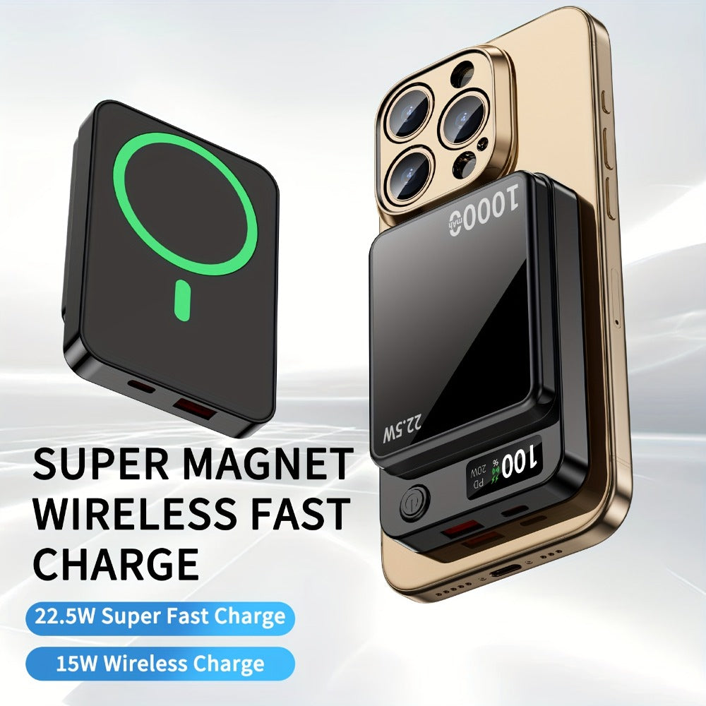 Magnetic Wireless Power Bank 10000mAh MagSafe Compatible 22.5W USB-C Fast Charging with LED Display – Portable Snap-On Battery Pack for iPhone 16 15 14 13 12 Series & Android Smartphones