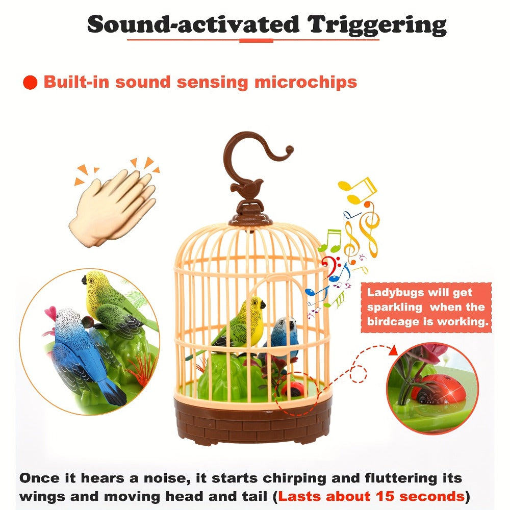 Mini Voice-Activated Birdcage Toy – Chirping & Wing-Fluttering Parrot, Interactive Sound-Responsive Animal Toy, Battery Powered, Birthday Christmas Gift for Kids Boys Girls