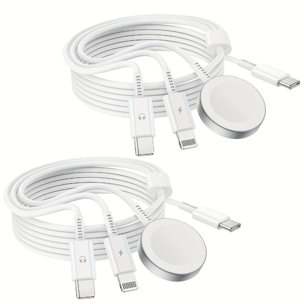 3-in-1 Charger Cable Apple Watch iPhone 6ft USB-C Multi Charging Compatible Series 10 9 8 7 6 5 4 3 Ultra 2 SE iPhone 15 14 13 – Travel Charger White Pink 2-Pack