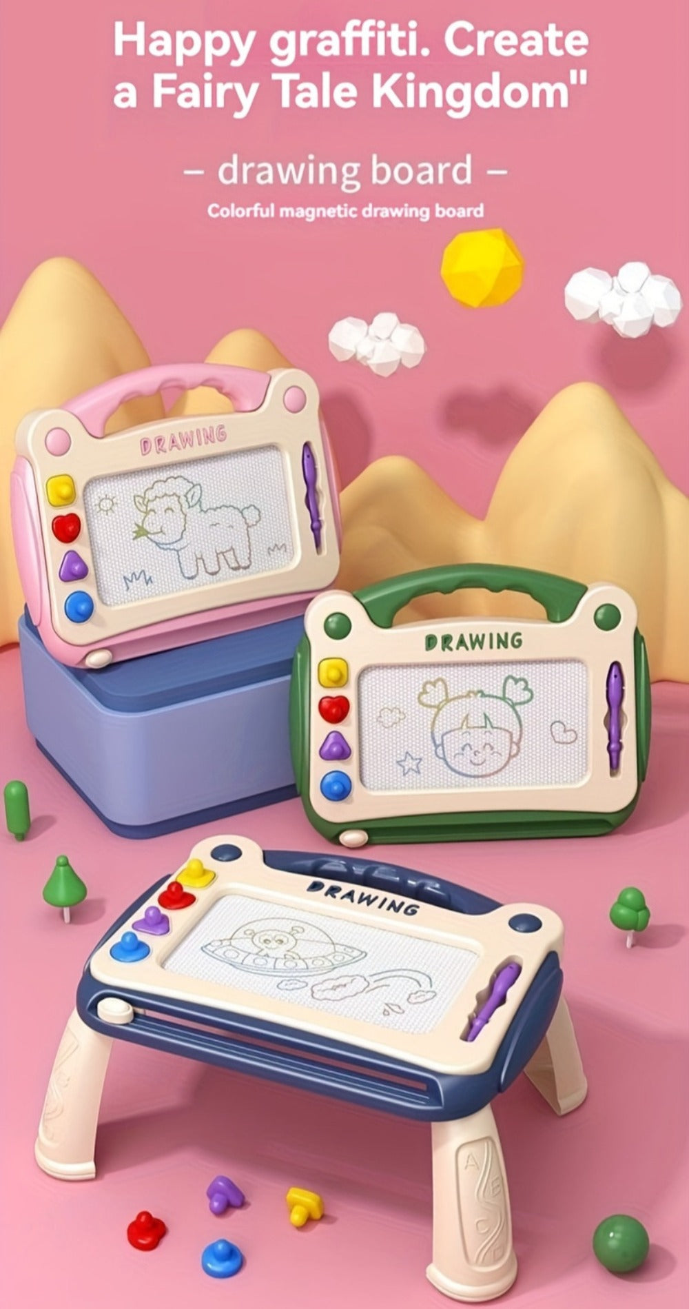 Magnetic Drawing Board for Kids with 4 Stamps Paintbrush & 4 Stands – Mess-Free One-Slide Erase Early Learning Educational Art Toy Gift for Boys Girls Ages 3-8 Blue Green Pink