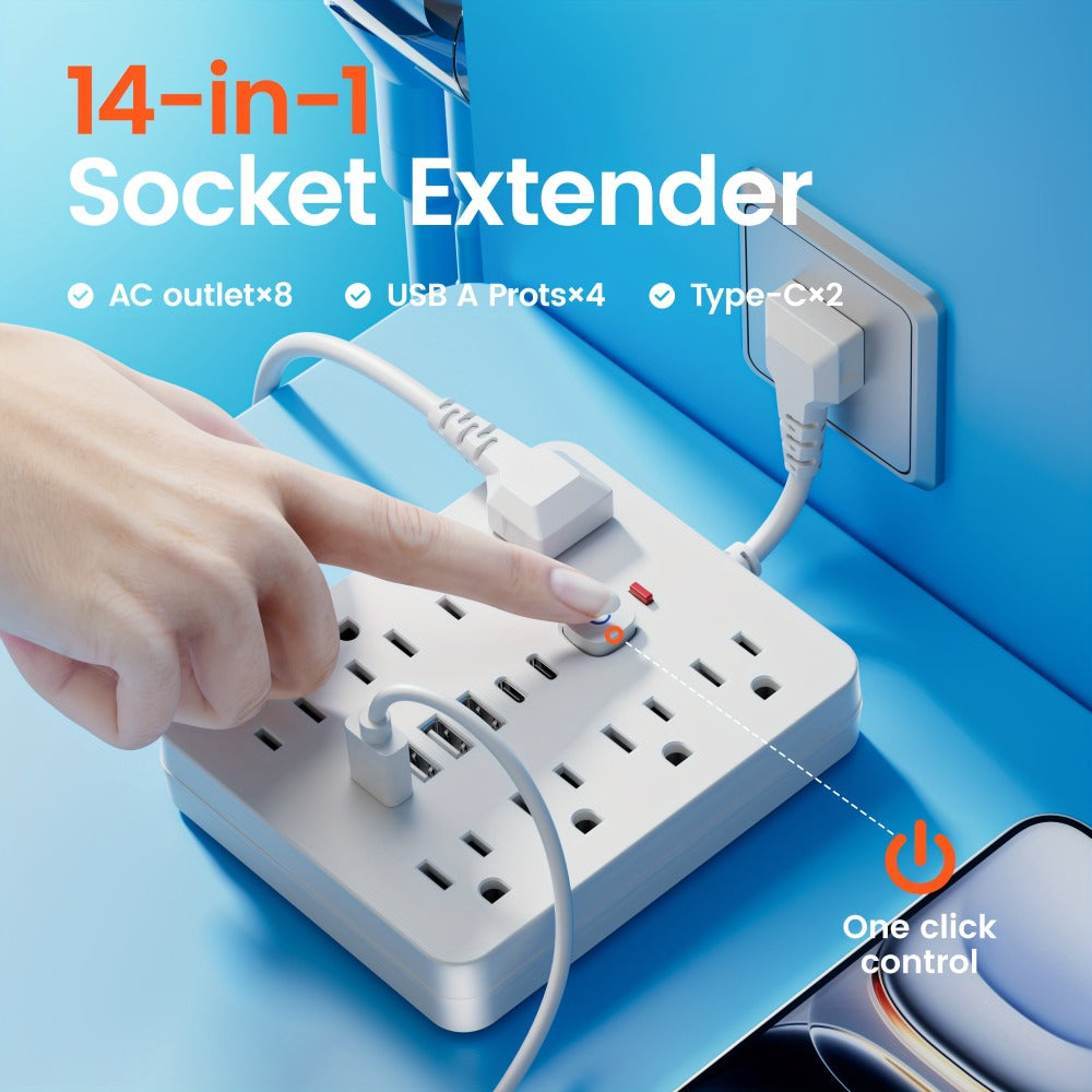 14-in-1 Power Strip with Surge Protector – 8 AC Outlets & 6 USB Ports (2 USB-C), Flat Plug Space-Saving Design, Overload Protection for Home Office School, Available in Black & White