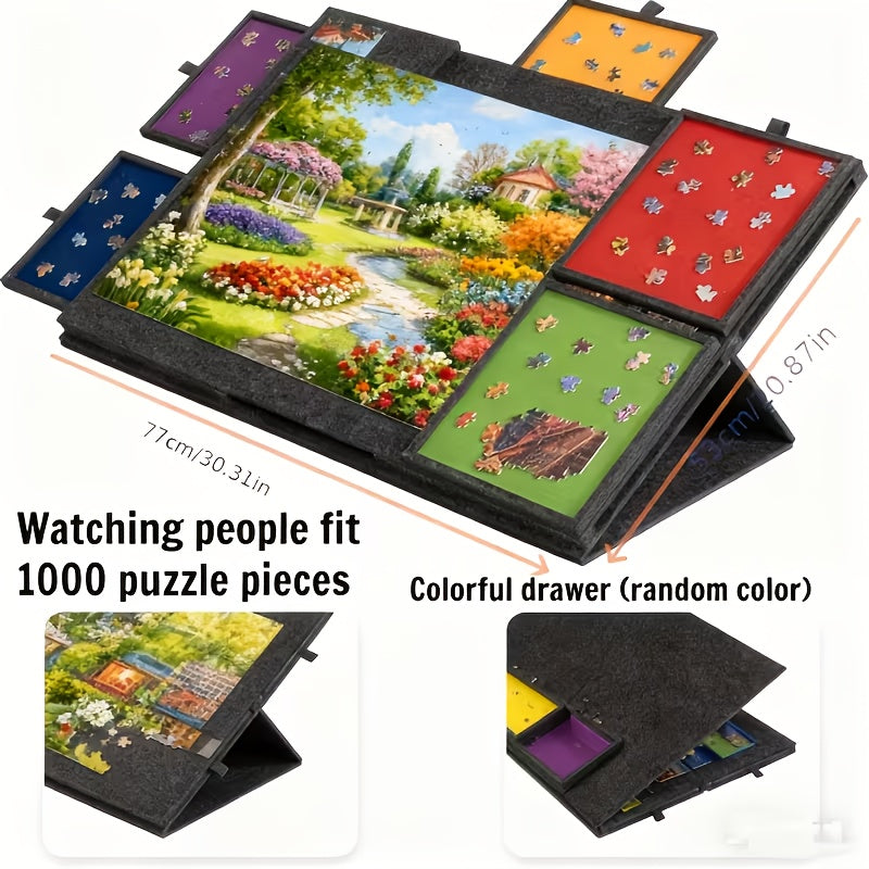 Jigsaw Puzzle Board with 6 Colored Drawers, Dark Gray 1000-Piece Storage Style