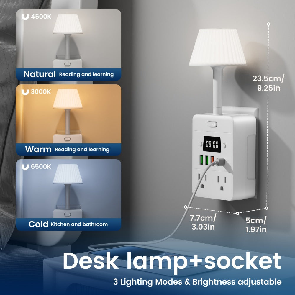Desktop Power Strip with LED Desk Lamp & Clock 9-in-1, 4 AC Outlets & 5 USB Ports (3 USB-A & 2 USB-C), Surge Protection & Overload Safety for Office, Study, Home & School