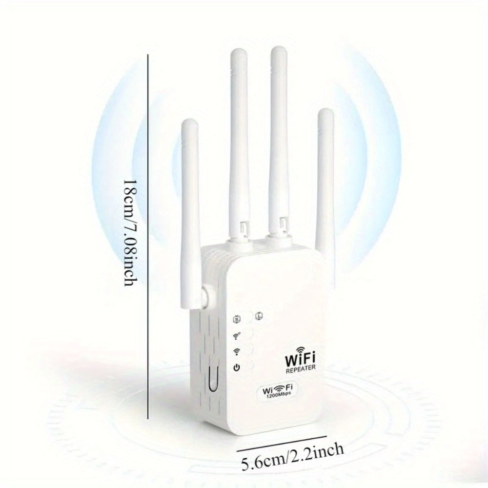 WiFi Extender 1300Mbps Dual Band AP & Relay Mode - 4 Powerful Antennas Full House Coverage, Ethernet Port, Eliminates Dead Zones, for Home Office Gaming Streaming, White Black