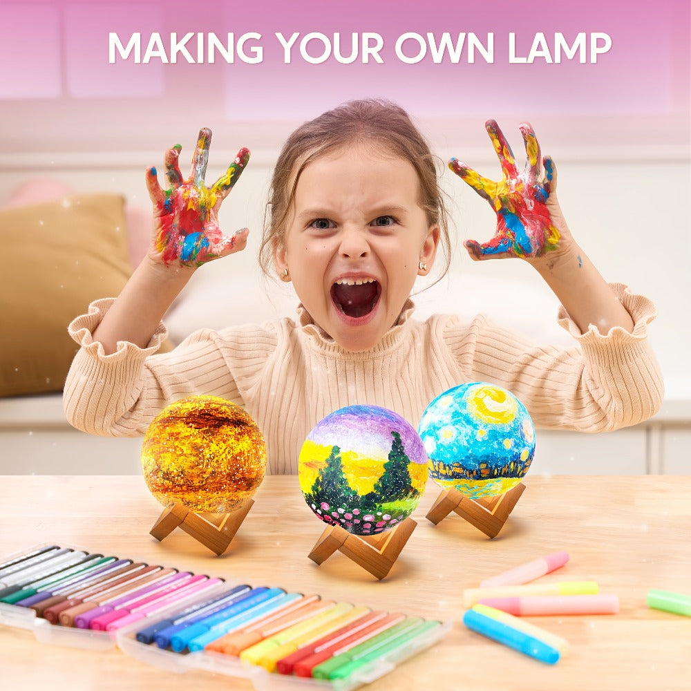 DIY Moon Lamp Craft Kit for Kids Paint Your Own 3D Moon Night Light with 12 Paints 4 Metallic Colors 2 Brushes Wooden Base Arts and Crafts Gift for Girls Boys Ages 6+ Birthday Christmas