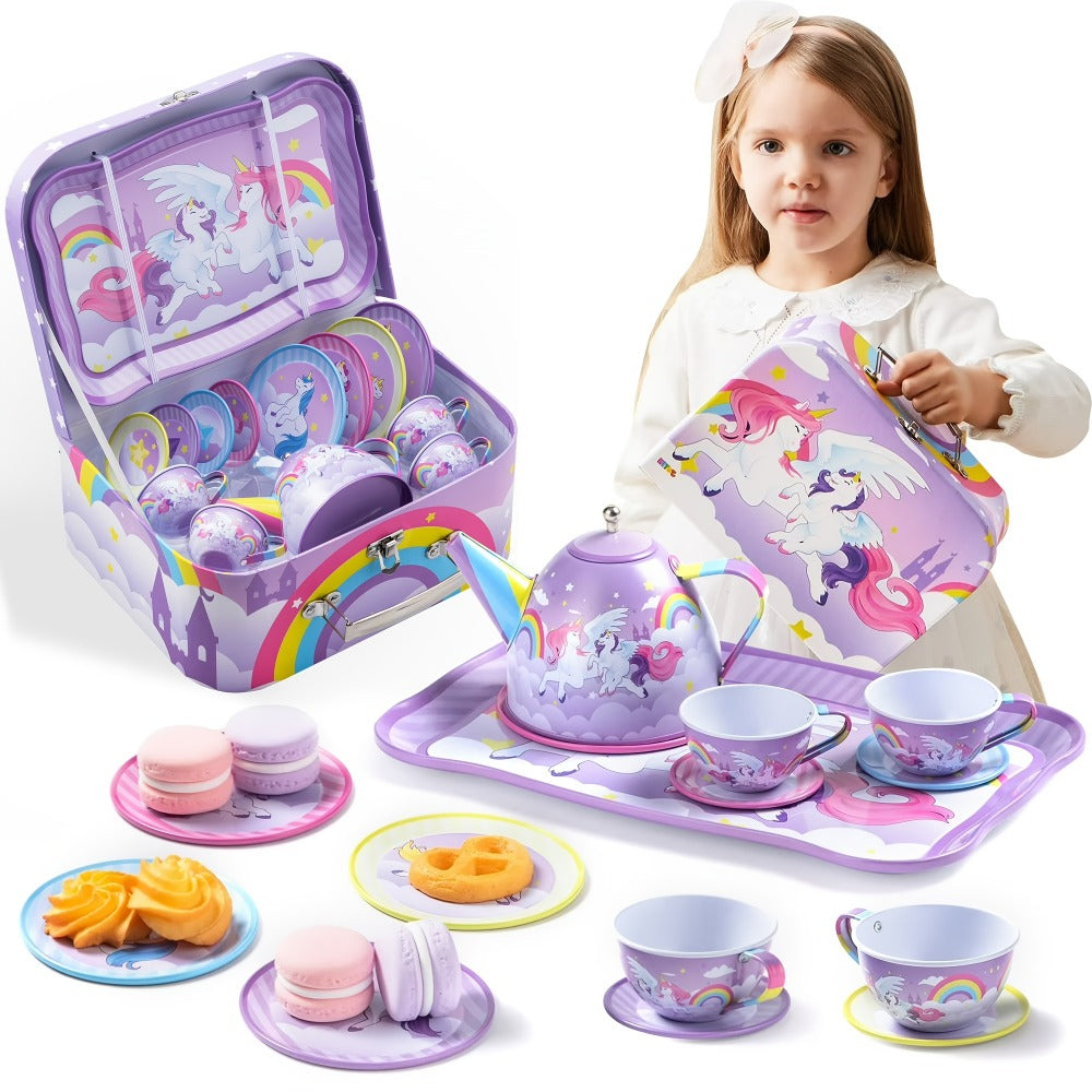 Purple Unicorn Pretend Play Tea Set with Teapot, Cups and Storage Case