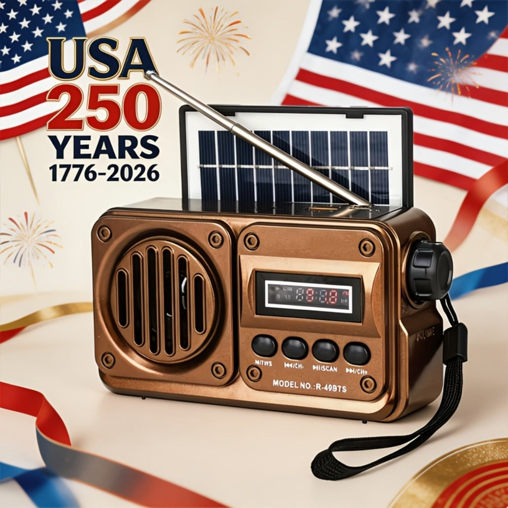 FM Portable Radio R-49BTS Retro Solar Panel Bluetooth Speaker, USB TF Card Playback, Loud Digital Radio for Indoor Outdoor Travel Emergency Camping, Independence Day Gift