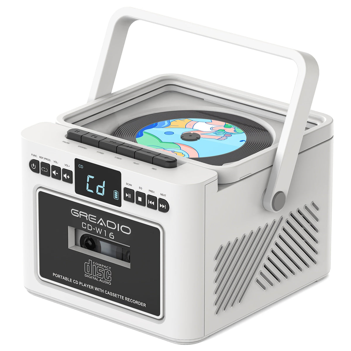 Boombox CD Cassette Player Rechargeable 5000mAh Battery 5W Dual Stereo Speakers FM Radio Tape Recording AUX SD USB 3.5mm Jack Portable Home Audio Player