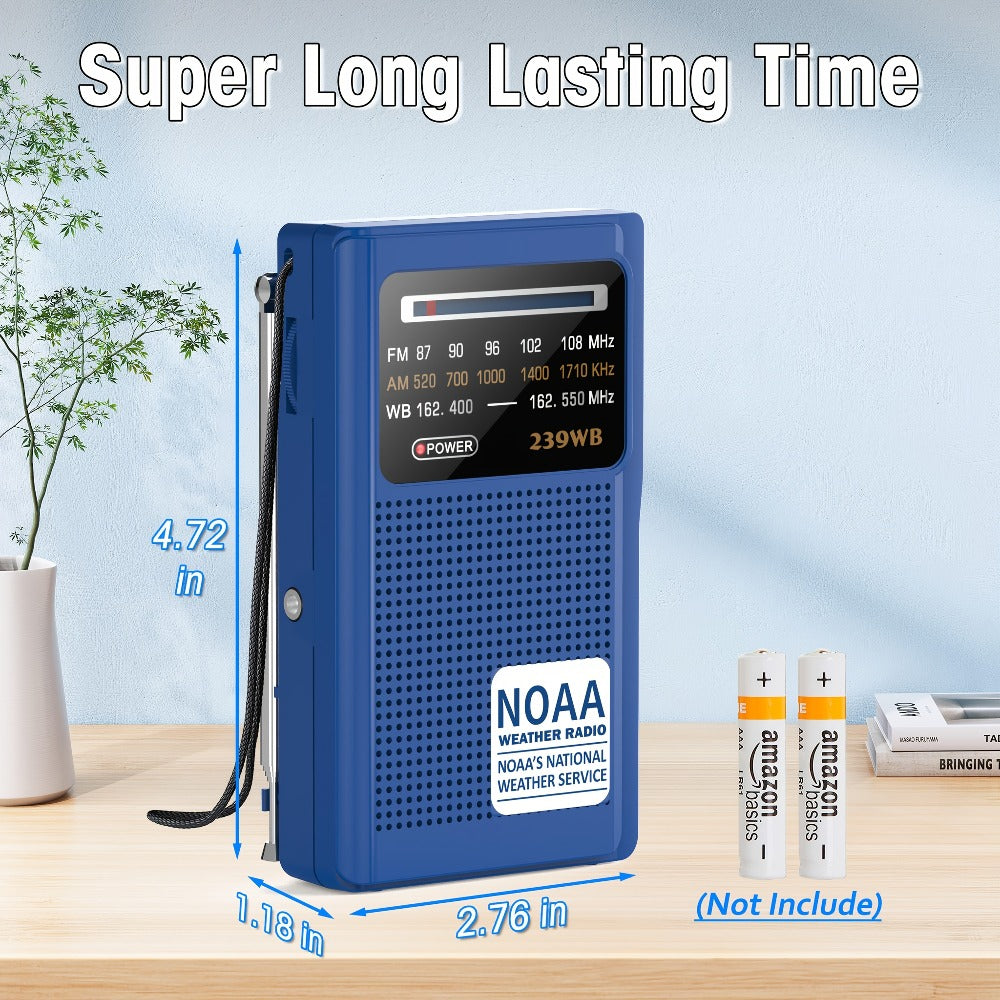 NOAA Weather Radio AM FM Battery Operated – 2 AA Transistor Radio Best Reception, Stereo Earphone Jack, USB Charging, Portable Emergency Radio for Hurricane, Winter Storm, Running, Walking & Home