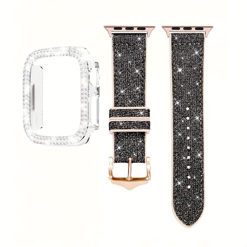 Apple Watch Band with Case Crystal Rhinestone Bling, Chameleon Color-Shift Strap + Shockproof Hard PC Cover, Compatible with Apple Watch Series 1-9 SE Ultra 38mm to 49mm S10 – Rose Gold Black Silver Women