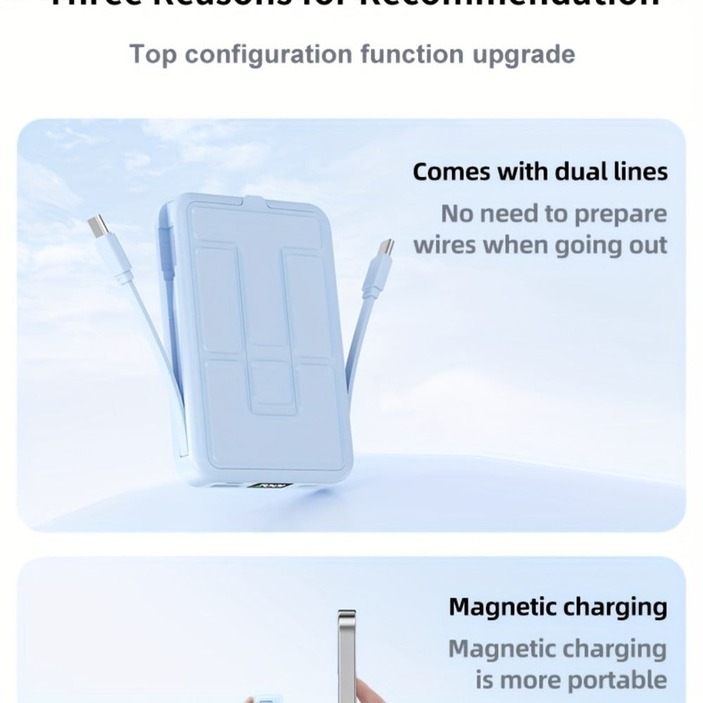 Magnetic Power Bank 10000mAh USB-C Fast Charging – Built-in Cable, Charges 5 Devices & Laptops Simultaneously, Foldable Stand, Portable External Battery for Travel Work Daily Use