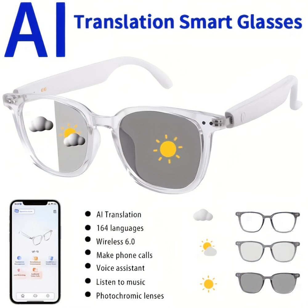 Translation Smart Glasses with 160-Language Real-Time Translation, Hi-Fi Music & HD Voice Calls – Photochromic, Metal Frame & Double-Sided Options, Built-in Mic & Speaker, Unisex