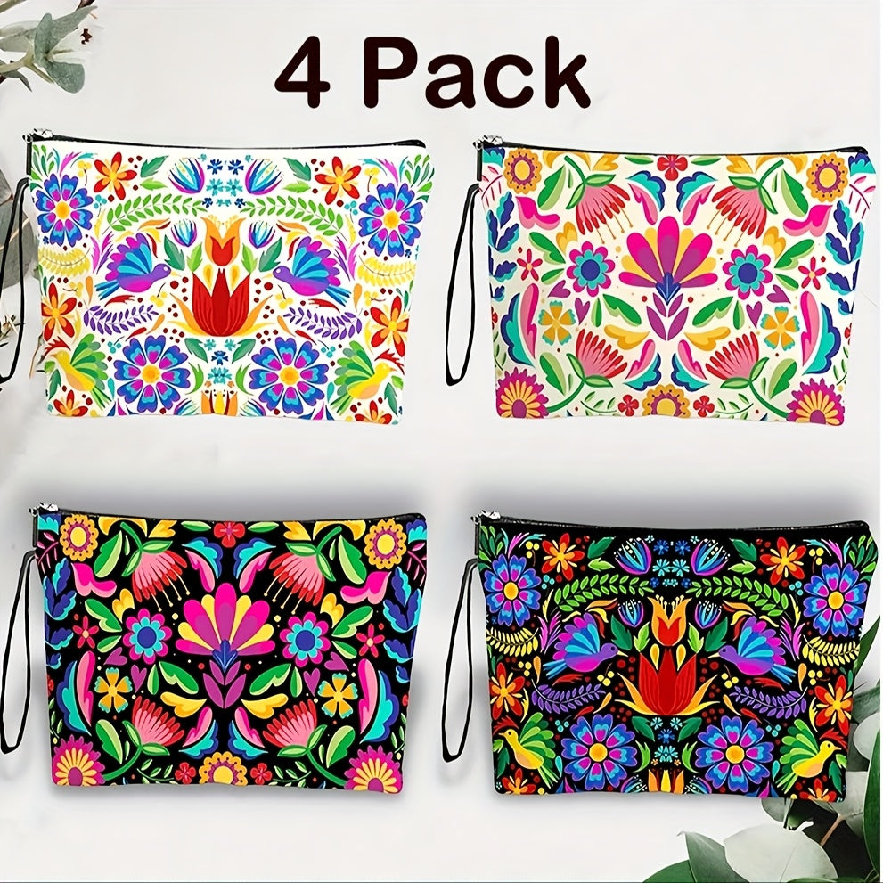 Travel Makeup Bag 4-Pack Set Large Capacity Cosmetic Organizer with Zipper Floral & Cute Animal Print Toiletry Pouch for Women Girls Vacation Business Trip Daily Use Gift
