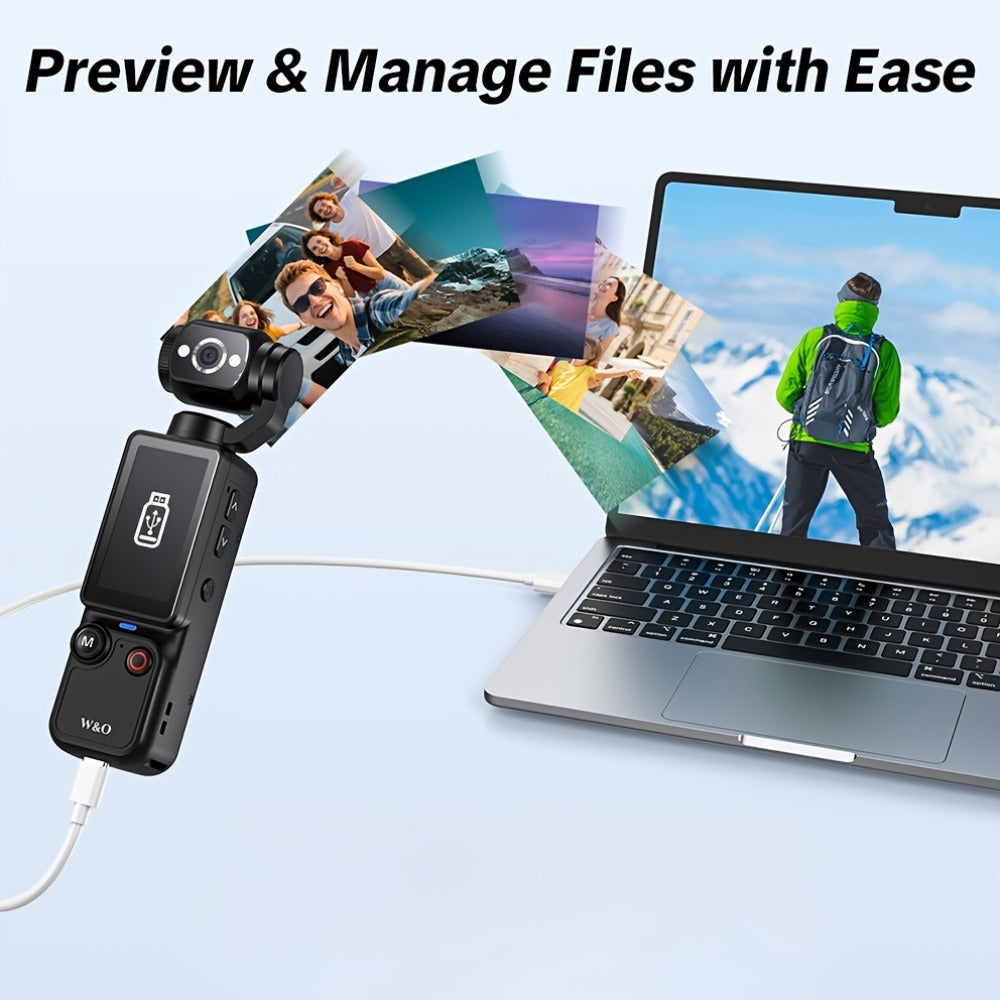 4K Pocket Sports Camera with Gimbal Stabilizer 16X Zoom 180 Degree Rotation 2000mAh Rechargeable 32GB Memory USB Charging Portable Vlog Body Camera for Outdoor Sports Travel Content Creators Black White