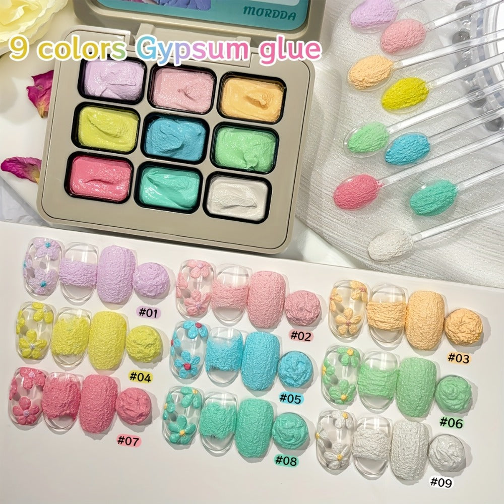 Plaster Gel Nail Art Set 9 Colors No-Wipe 3D Gypsum Gel Polish - High Saturation Macaron Salty Sweet Palette for Sculpting Textured Dimensional Nail Designs Salon & Home DIY UV LED