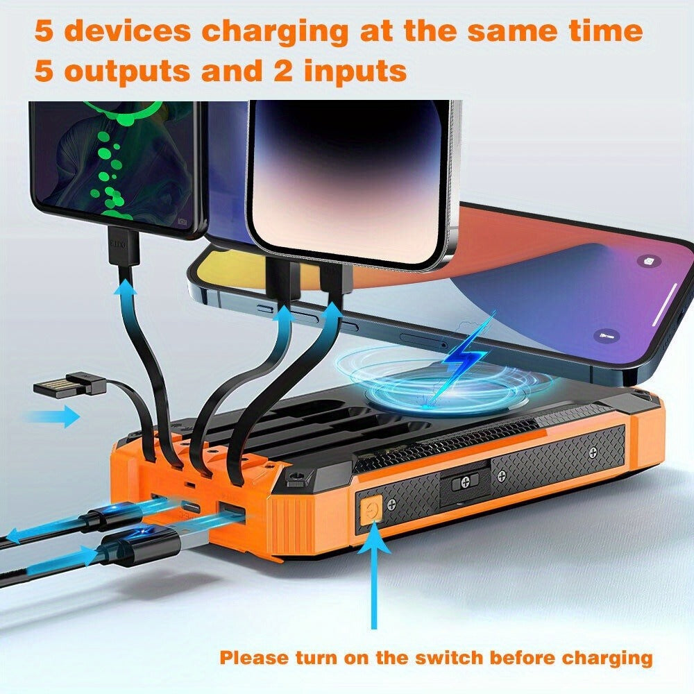 Solar Power Bank 40000mAh with Built-in 4 Cables & 15W Wireless Charging – 6 Outputs 3 Inputs Dual LED Flashlight Portable Charger for iPhone Android Tablets Camping Travel Emergency