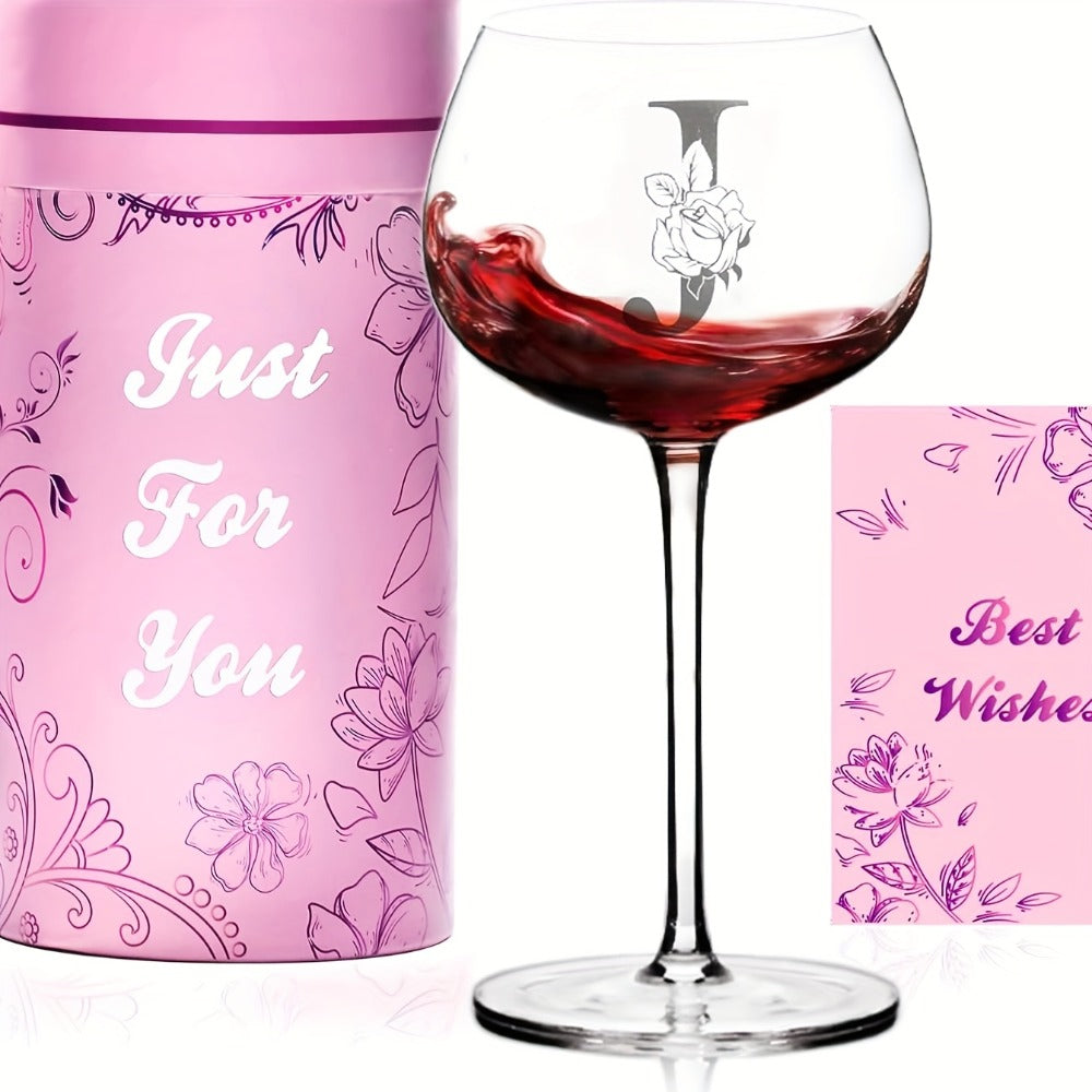 Personalized Wine Glass Gift for Women – A-Z Initial Letter Monogrammed Wine Glass with Gift Box & Greeting Card – Unique Birthday, Christmas & Mother's Day Gift for Mom, Best Friend & Sister