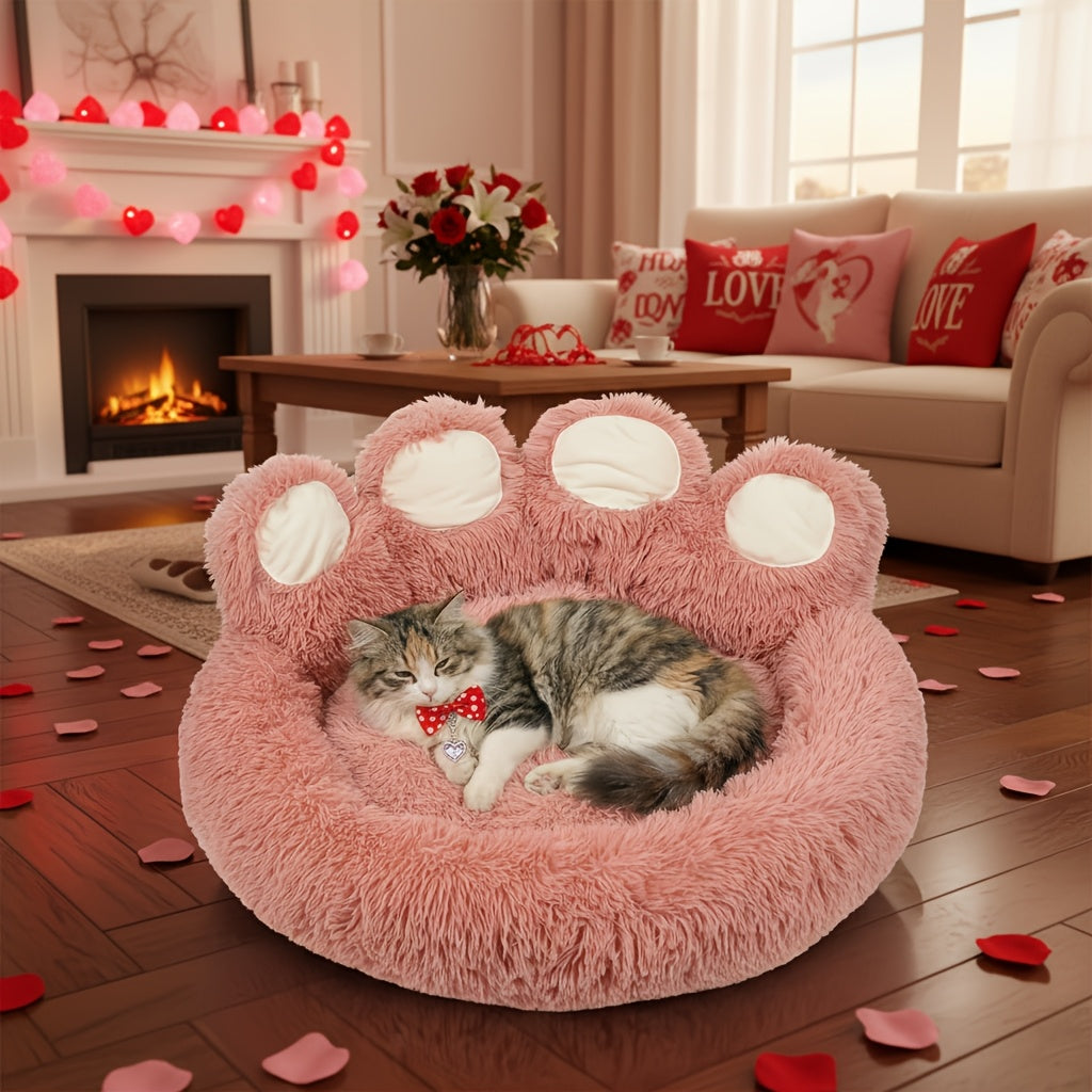 Dog Bed Cat Bed Bear Paw Shaped Donut – Calming Round Plush Pet Mattress, Warm & Soft Cuddler Bed for Dogs and Cats, Includes Pet Scarf, Sizes S to 2XL, Colors: Coffee, Pink, Grey, Brown