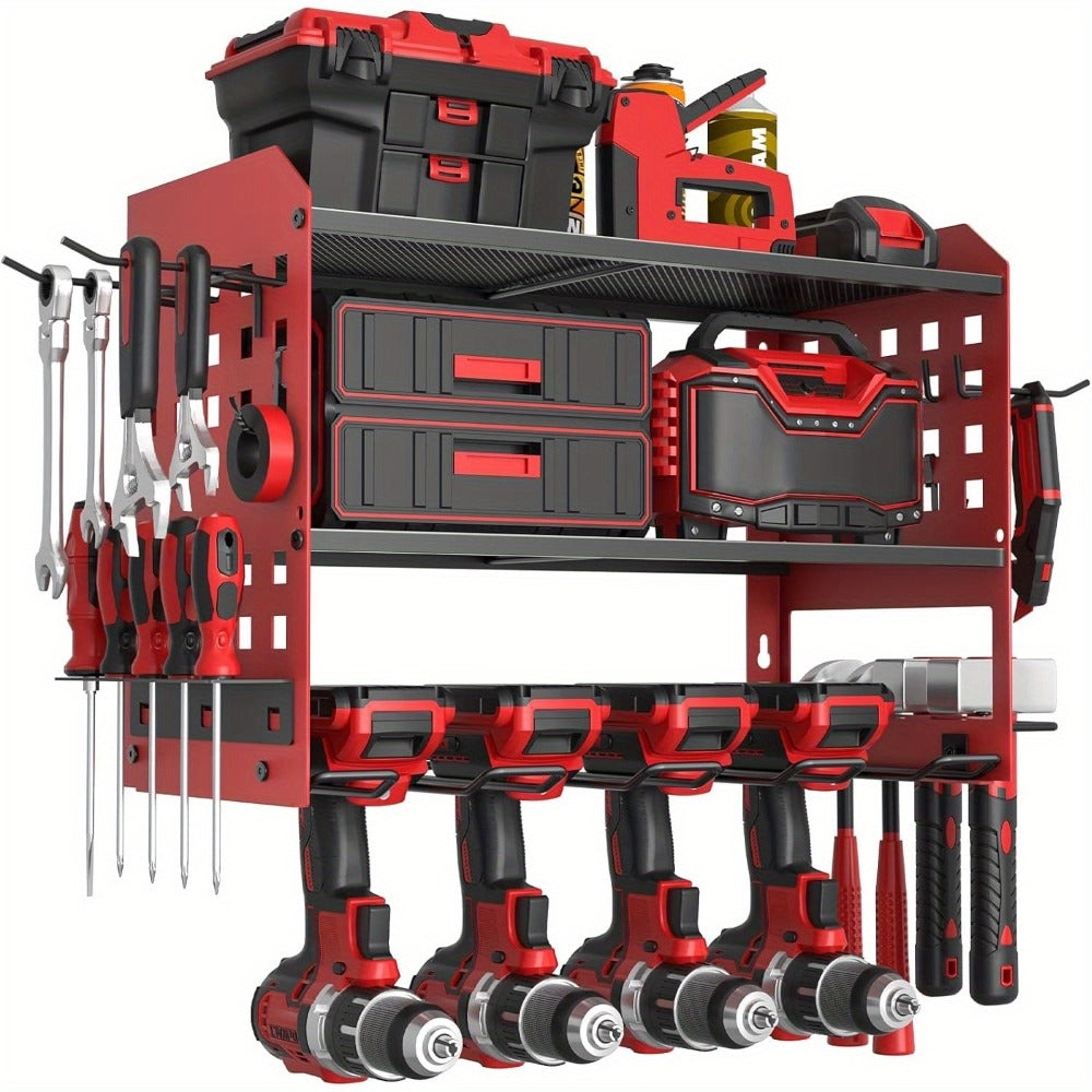 Power Drill Holder Wall Mount – Heavy Duty Tool Storage Rack with 3/4 Layer Floating Shelf | Cordless Drill Organizer | 4/6/8 Drill Holders Workshop Tool Rack for Garage & Workshop Organization