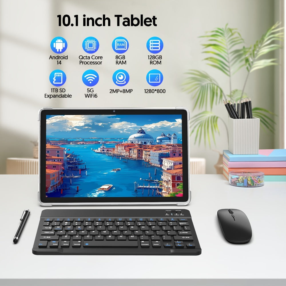 128GB Tablet Android 14 10 Inch 11 Inch 8GB RAM 8000mAh Battery Octa-Core WiFi 6 1TB Expandable 8MP Dual Camera FHD IPS Display Optional Keyboard Set – Grey & Green