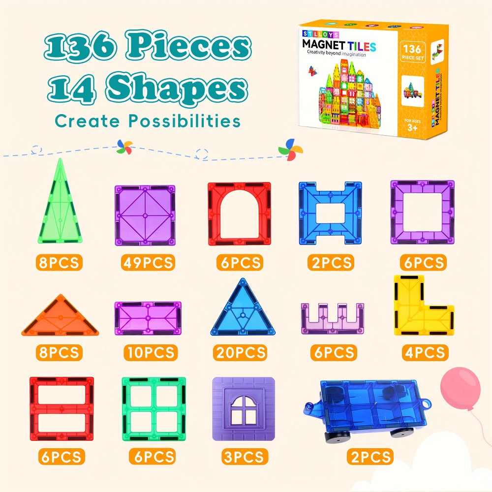 Clear Magnetic Tiles Building Set for Kids, 3D Magnet Blocks in 80, 106, 136 or 205 Pieces, Ages 3+