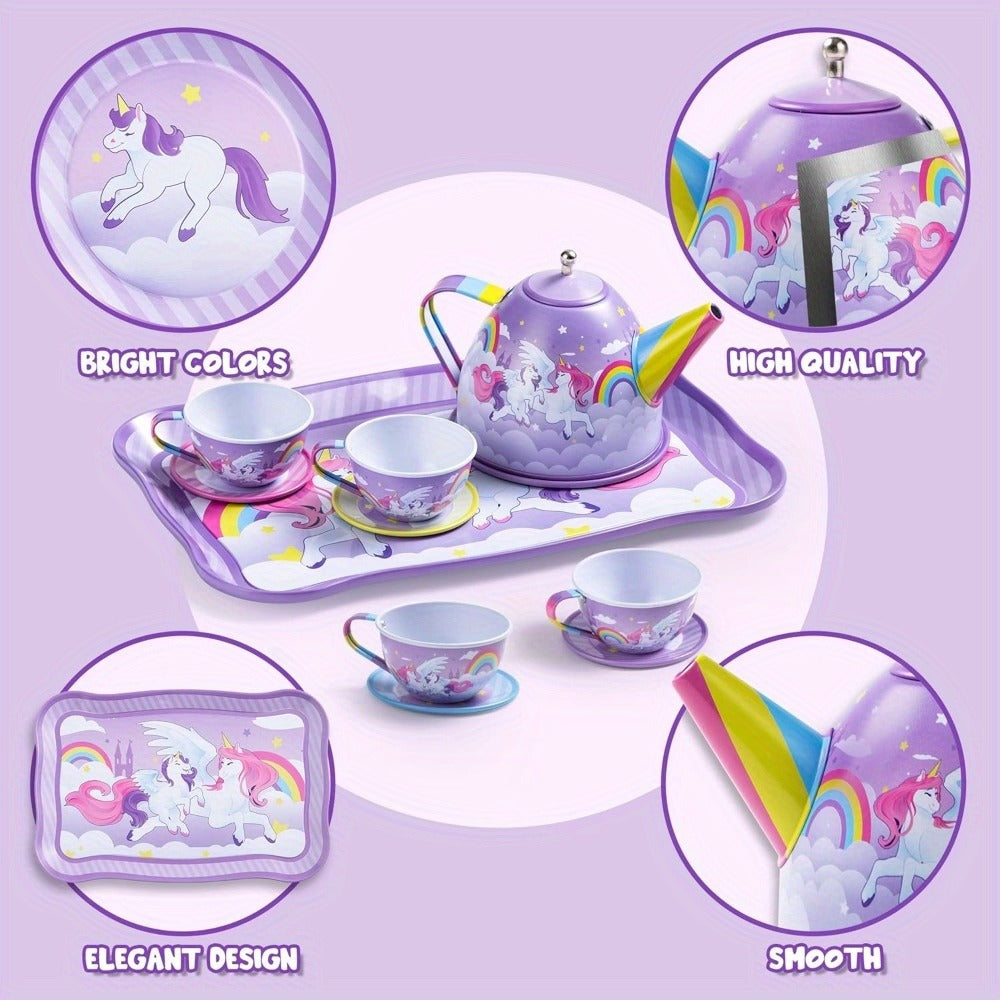 Purple Unicorn Pretend Play Tea Set with Teapot, Cups and Storage Case