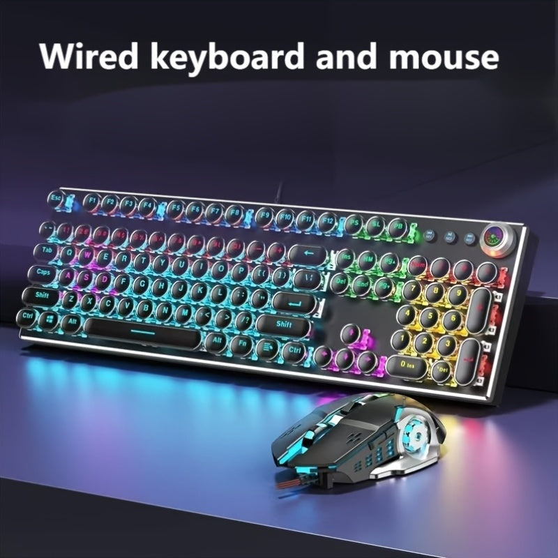 Cyberpunk Retro Typewriter Mechanical Keyboard 104 Keys Full-Size with Multi-Function Knob Backlit Round Keys Ergonomic Spill-Proof USB Wired for Desktop Laptop Windows Mac Gaming Typing
