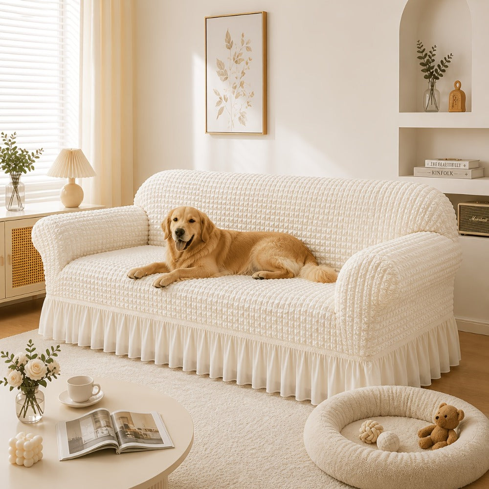 Seersucker Sofa Slipcover Elastic Band Closure Pet-Friendly All-Purpose Sofa Cover for Living Room Home Decor Protection — Single 2 4 Seater Multiple Colors
