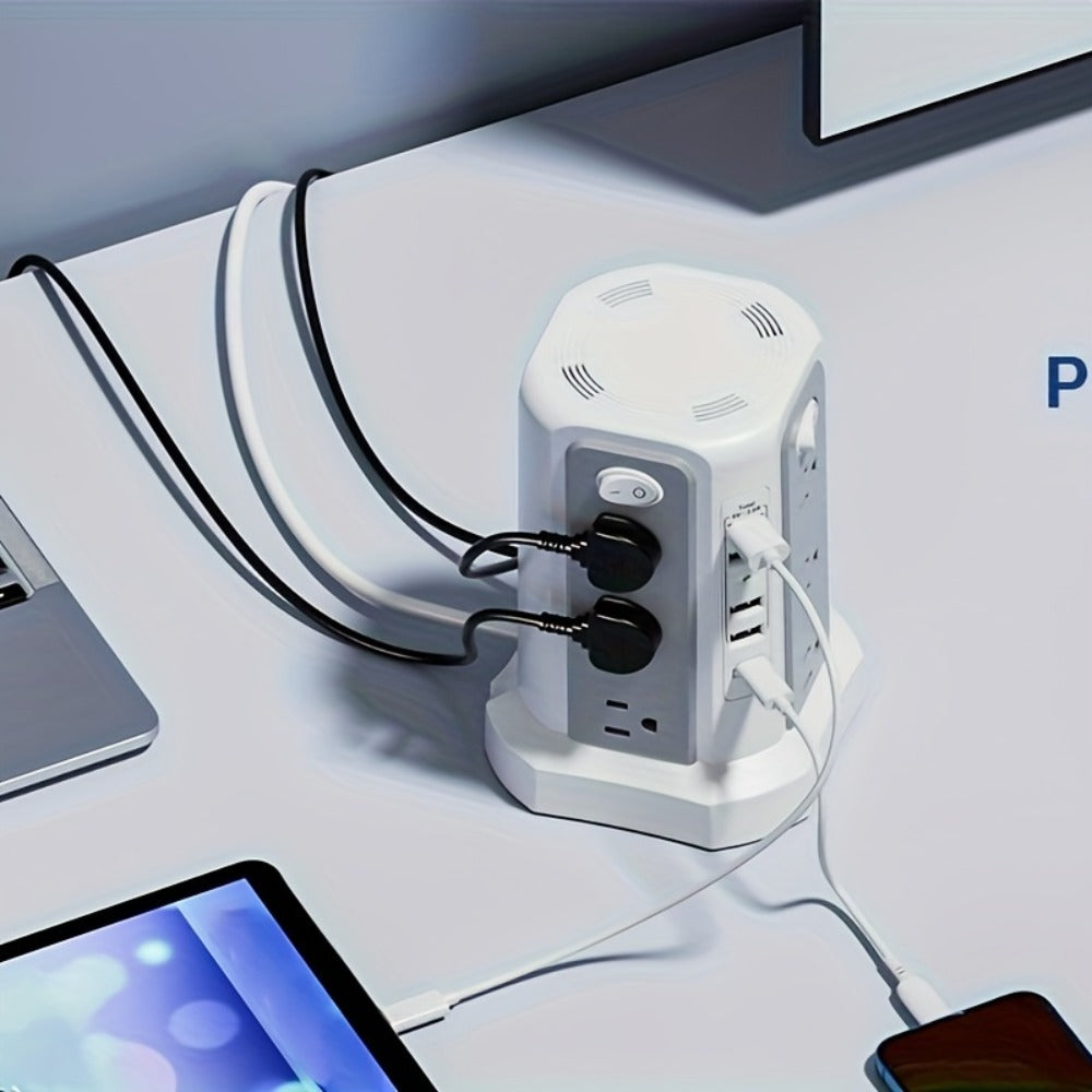 Power Strip Tower Angled Flat Plug 17-in-1 with 12 AC Outlets 4 USB-A 1 USB-C PD 18W 4 Independent Switches 1500J Surge Protector Desktop Extension Cord for Home Office Dorm Room – Black & White