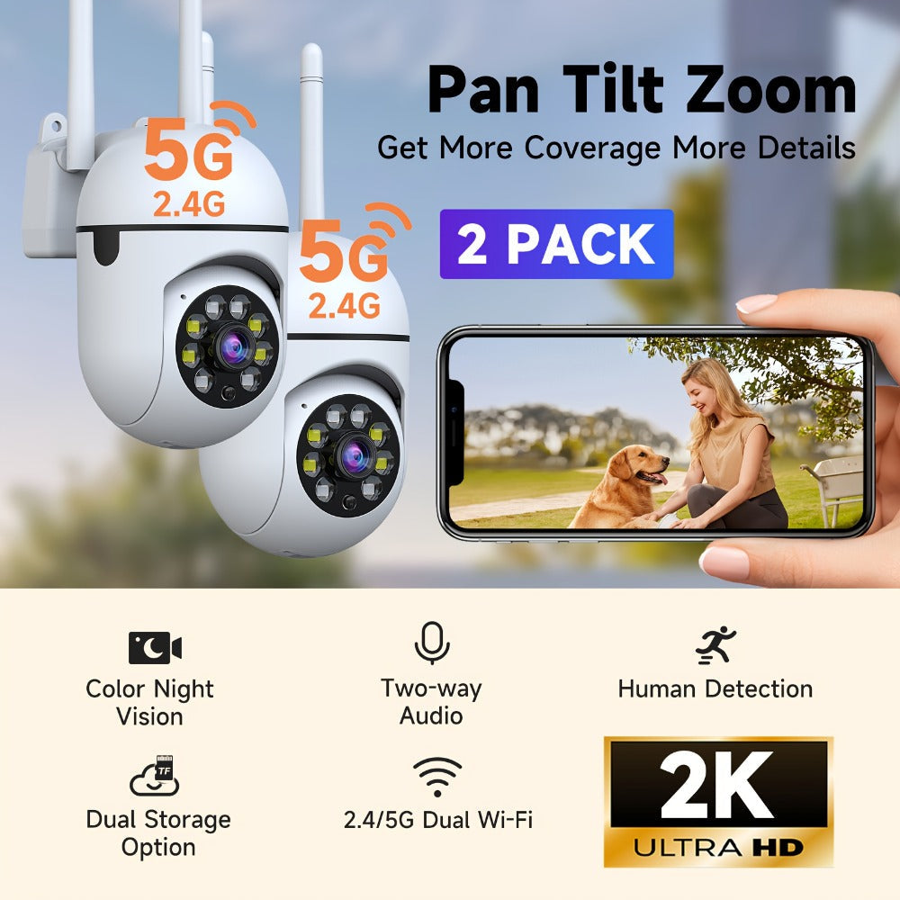 2-Pack Indoor Security Camera 2K QHD, Dual-Band 2.4/5GHz WiFi, 355° Pan PTZ, AI Motion Tracking, Full-Color Night Vision, Two-Way Audio, SD & Cloud Storage – Baby Monitor Pet Cam Home Surveillance